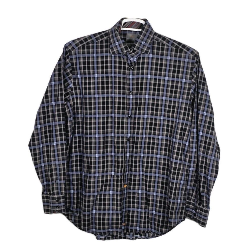 Thomas Dean‎ Large Navy Blue & Gray Plaid Long Sleeve Button Up Shirt - Thumbnail 9