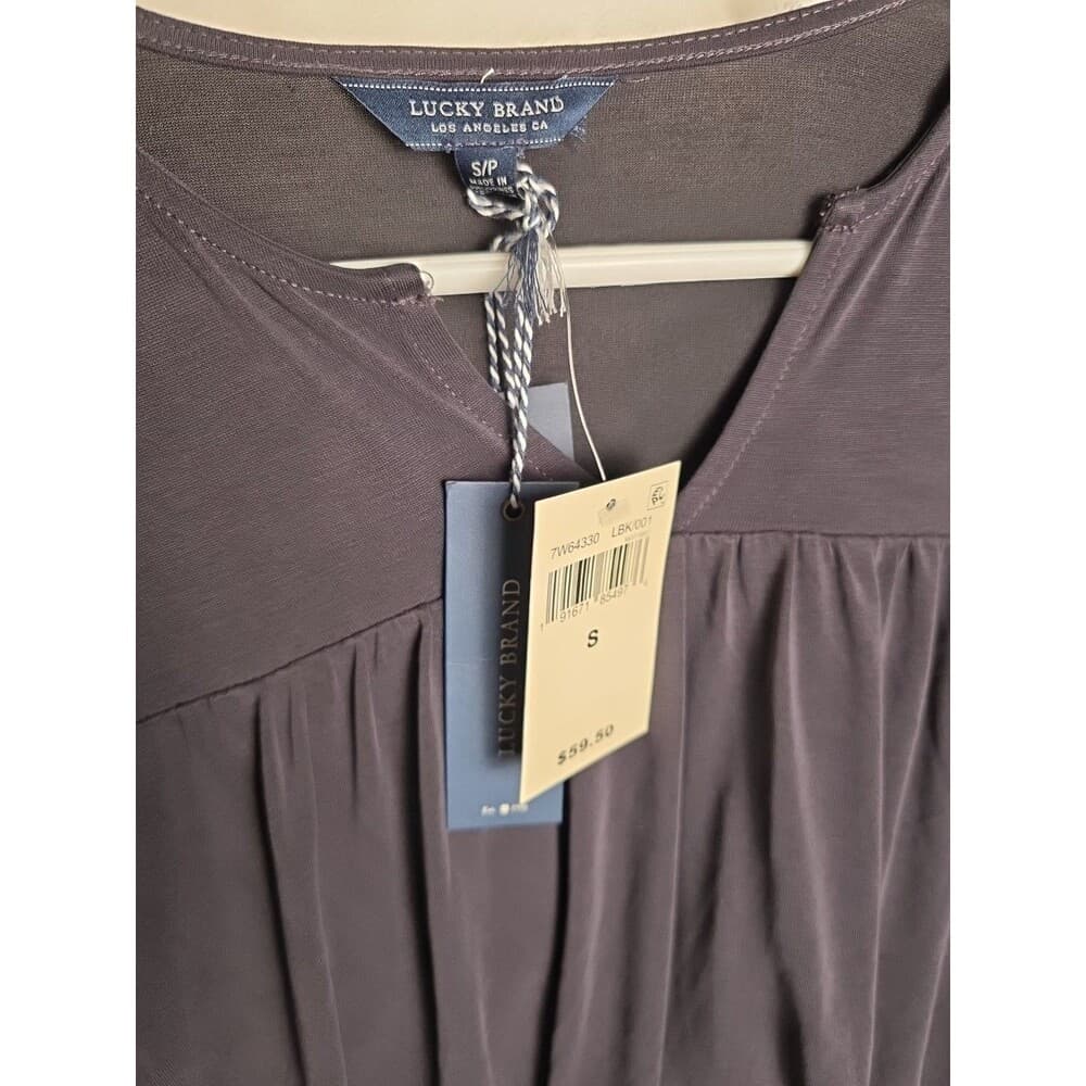 NWT Lucky Brand‎ Women's Size S/P Black Linen Blend Embroidered 3/4 Sleeve Top - Thumbnail 2