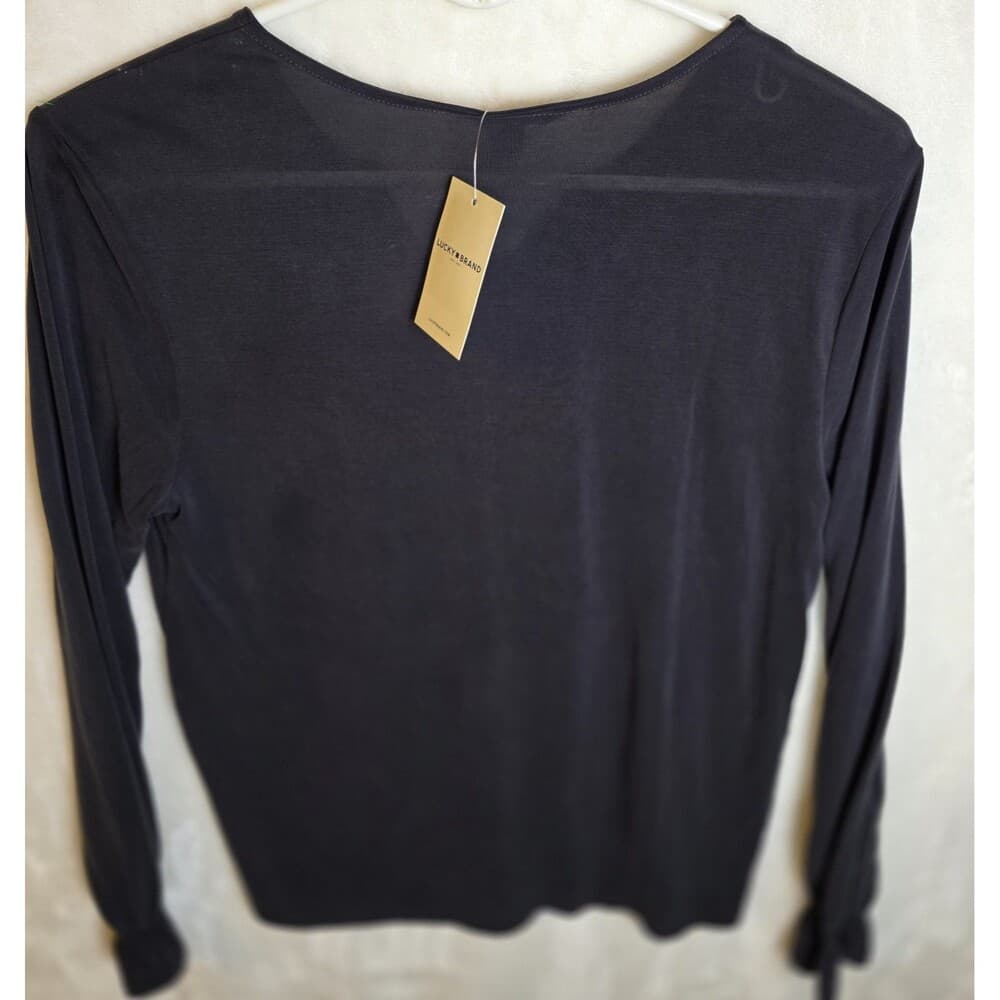NWT Lucky Brand‎ Women's Size S/P Black Linen Blend Embroidered 3/4 Sleeve Top - Thumbnail 8
