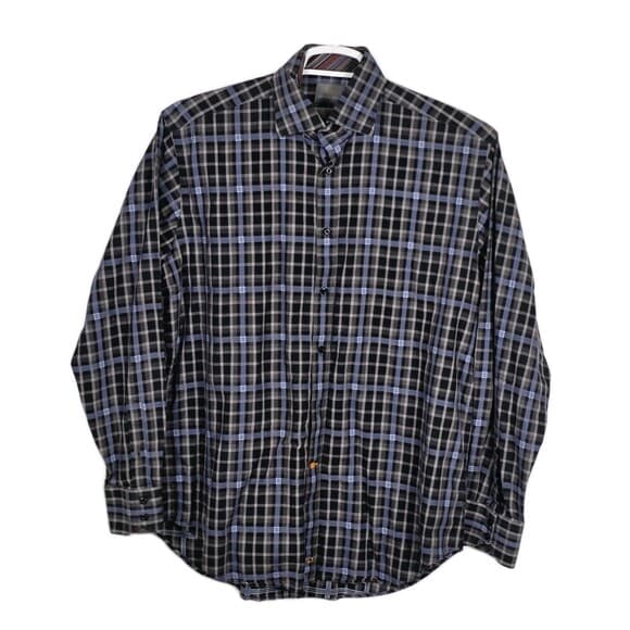 Thomas Dean‎ Large Navy Blue & Gray Plaid Long Sleeve Button Up Shirt - Thumbnail 10