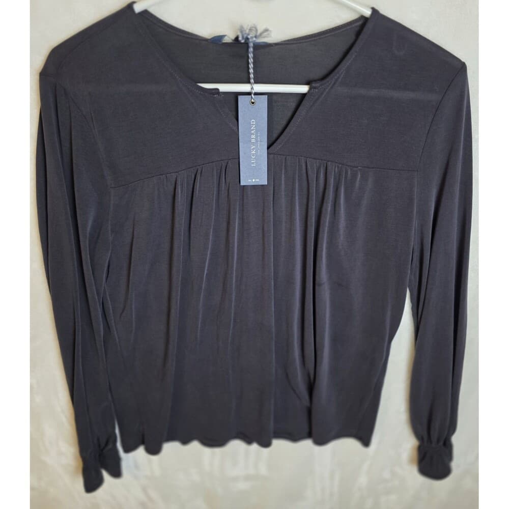 NWT Lucky Brand‎ Women's Size S/P Black Linen Blend Embroidered 3/4 Sleeve Top - Thumbnail 9