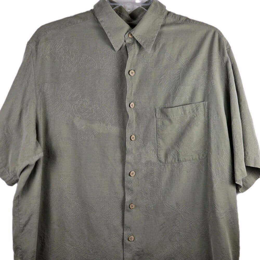 Caribbean Joe Men's XLT Silk Blend Olive Green Palm Short Sleeve Shirt