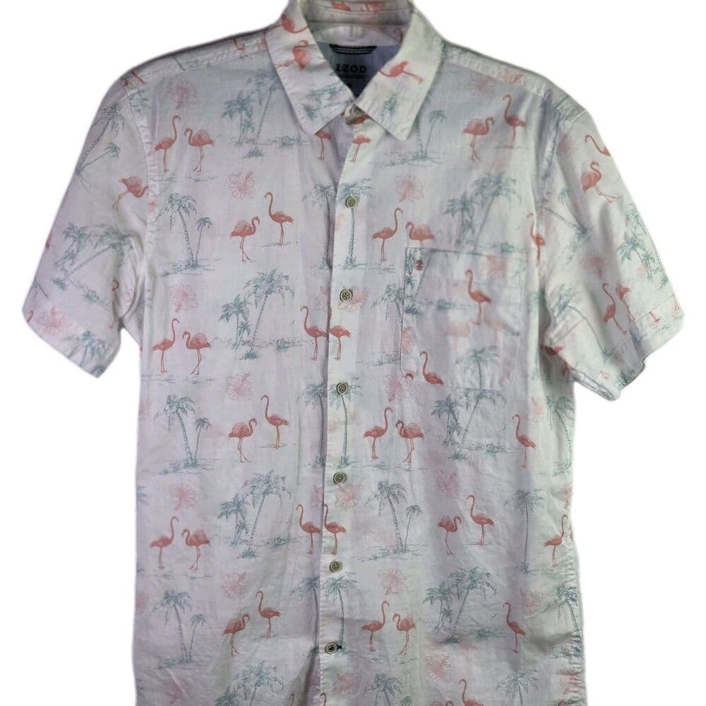 Izod Saltwater Men's Medium Flamingo Print Short Sleeve Shirt - Thumbnail 2