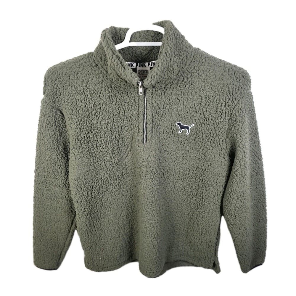 Victoria’s Secret Pink Women's Small Olive Sherpa 1/4 Zip Pullover‎ - Thumbnail 9