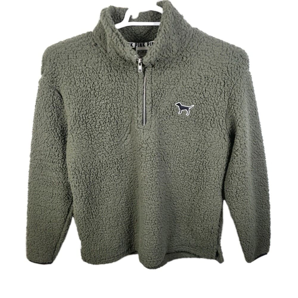 Victoria’s Secret Pink Women's Small Olive Sherpa 1/4 Zip Pullover‎