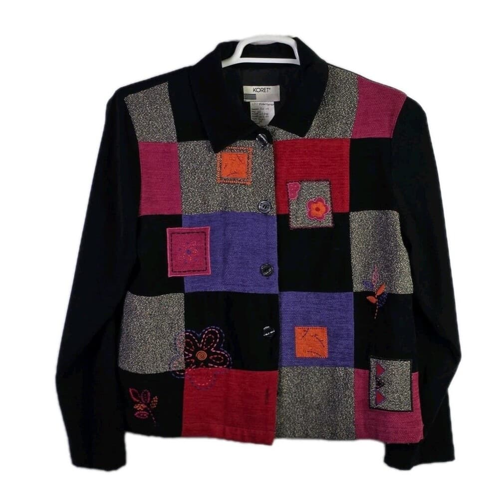 Koret Petites Women's Medium Black Red Patchwork Squares Jacket *Sample Model* - Thumbnail 7