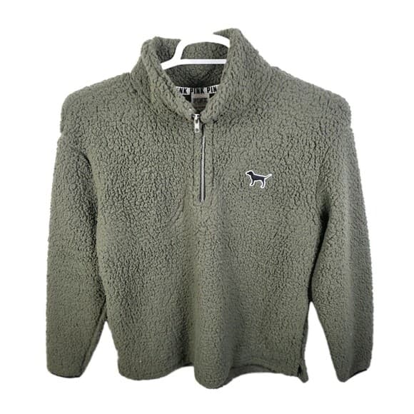 Victoria’s Secret Pink Women's Small Olive Sherpa 1/4 Zip Pullover‎ - Thumbnail 10