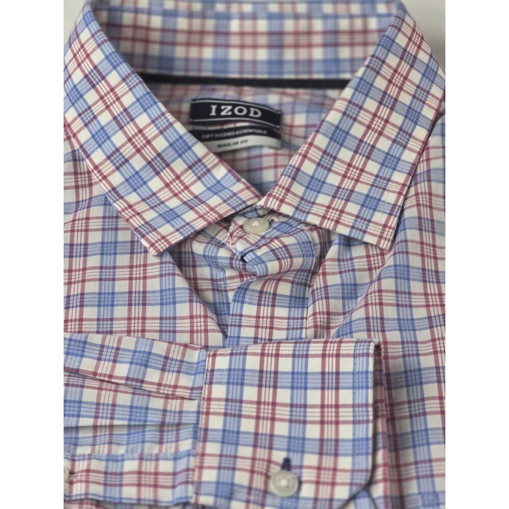 IZOD‎ All Over Stretch 16-16 1/2 Mens 34/35 Blue Check Shirt Button Down Shirt