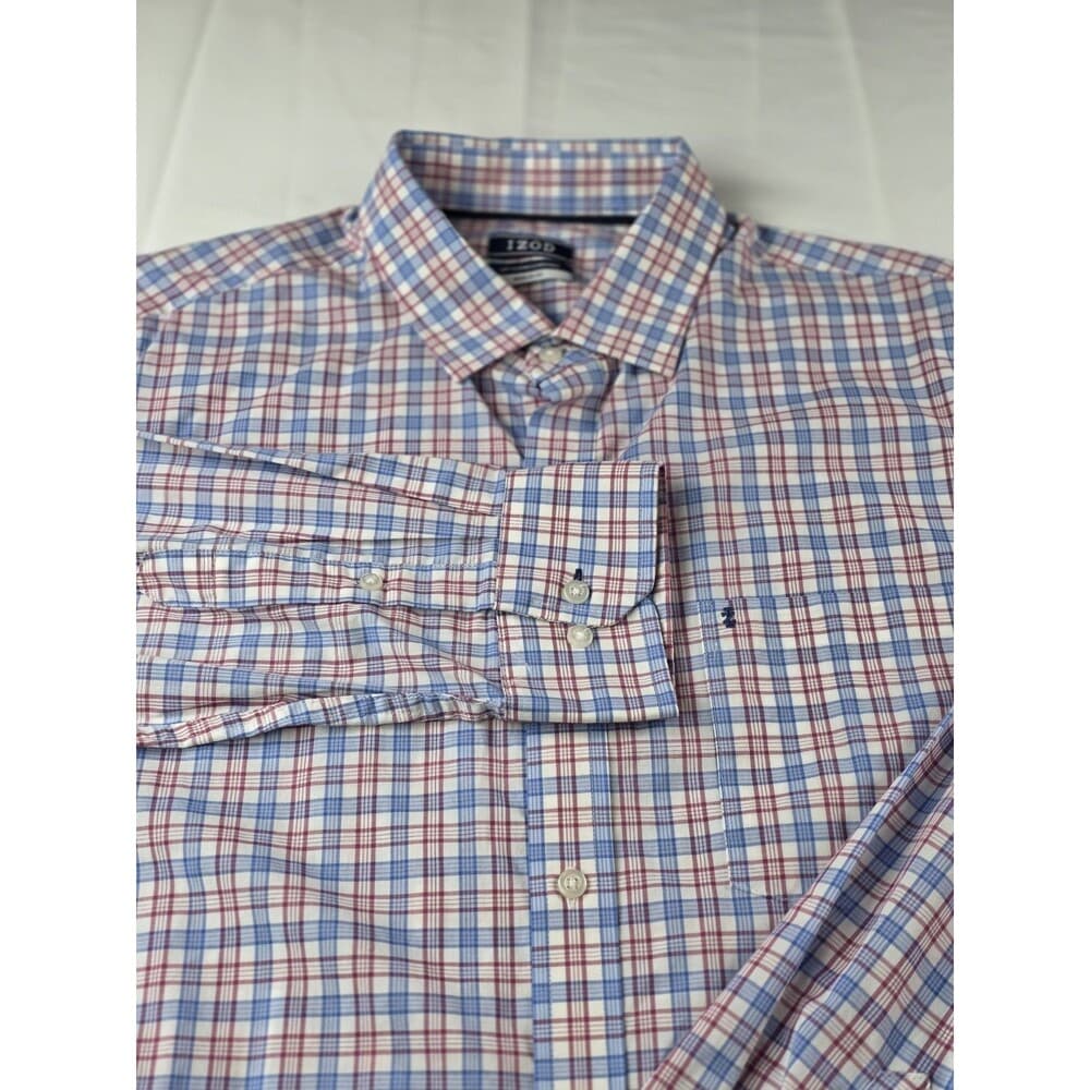 IZOD‎ All Over Stretch 16-16 1/2 Mens 34/35 Blue Check Shirt Button Down Shirt - Thumbnail 8