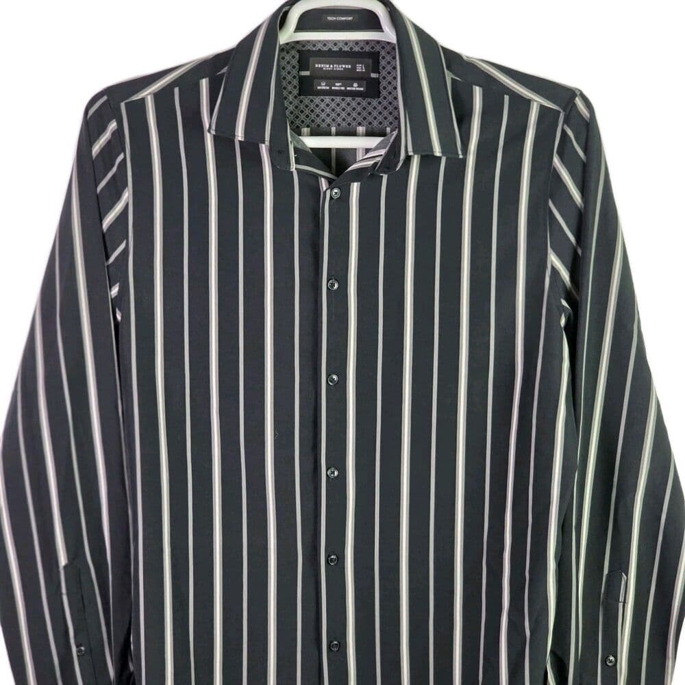 Denim and Flowers Ricky Singh Men's Large Black W/ White Stripes Button Down