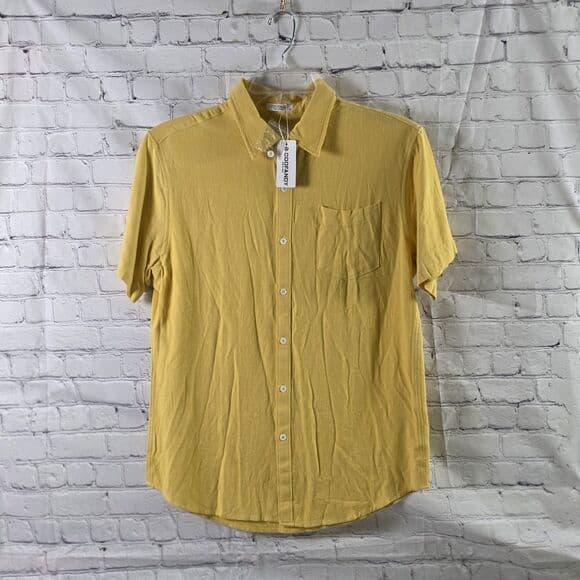 COOFANDY Men's Medium Yellow Linen Short Sleeve Button Up Shirt - Thumbnail 8