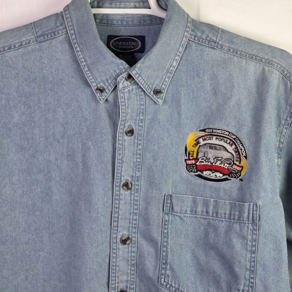 2001 Bill Elliott Winston Cup Men's Large Blue Denim Embroidered Shirt * Flaws*
