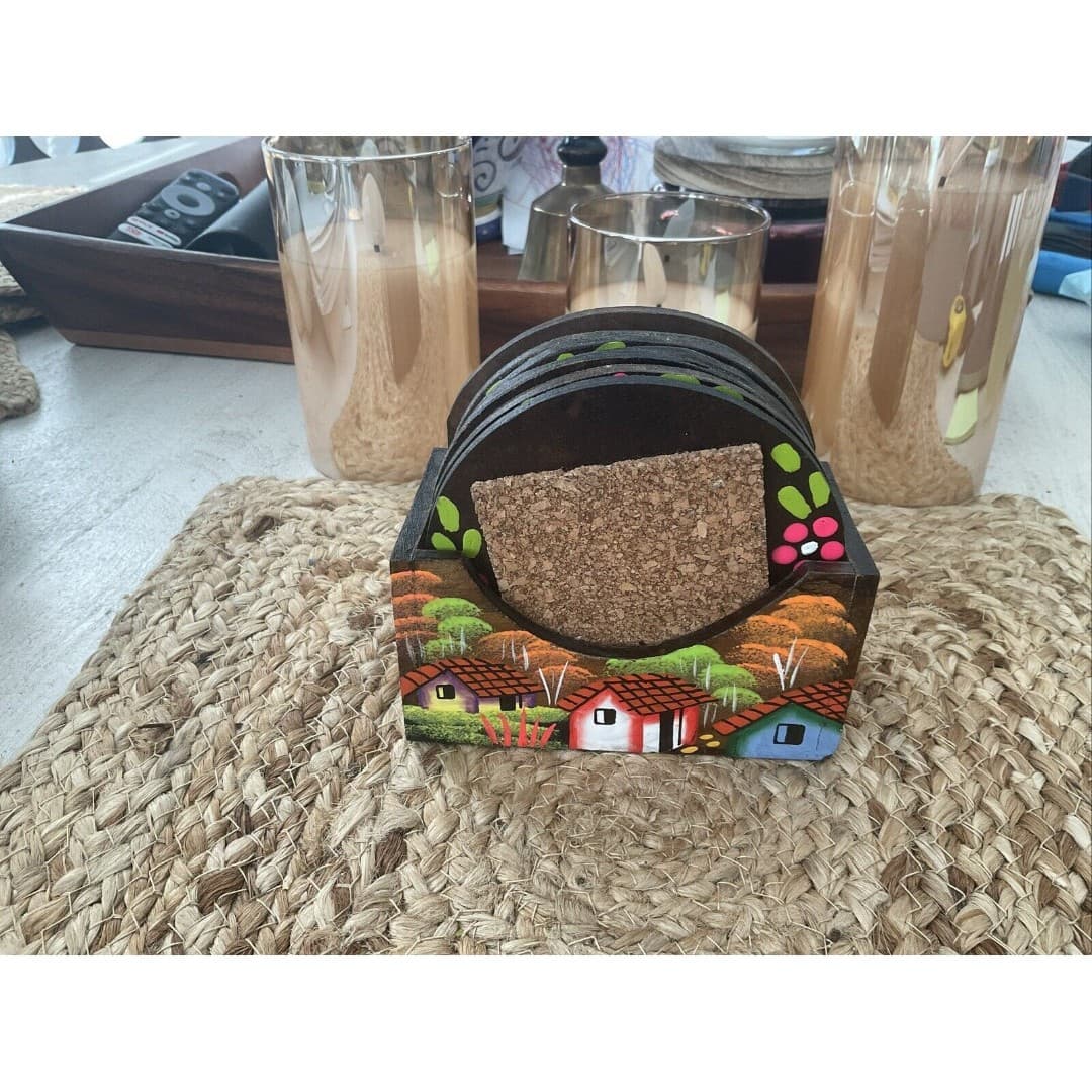 HONDURAS Wood Coasters W/Caddy Village Landscape Set Of 6 Hand Painted