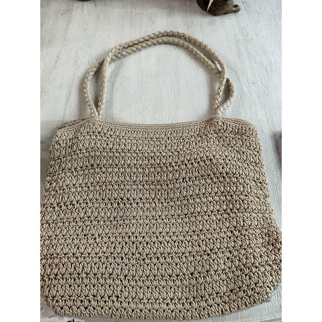 The Sak Beige Crochet Shoulder Bag/ Tote Purse Zipper Closure