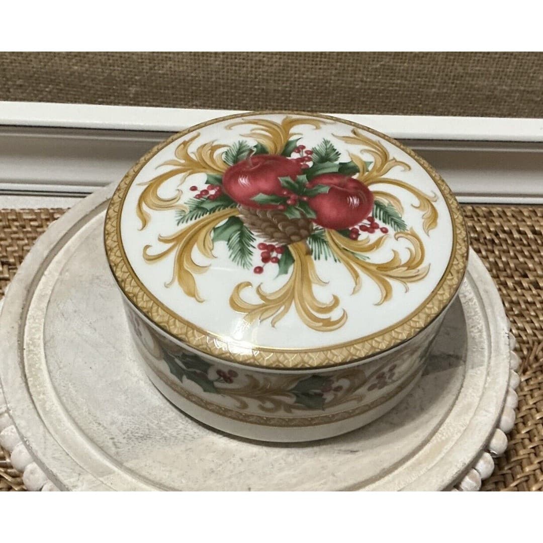 Mikasa Holiday Orchard Porcelain Lidded Candy Dish * 5" * Mint *