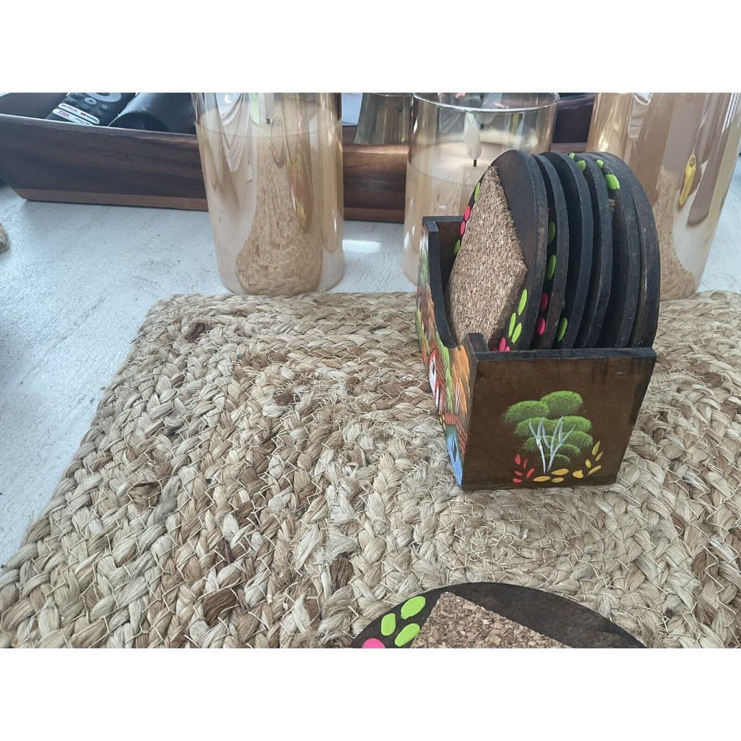 HONDURAS Wood Coasters W/Caddy Village Landscape Set Of 6 Hand Painted - Thumbnail 4