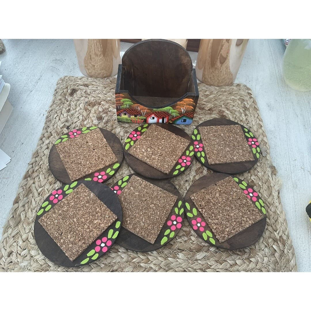 HONDURAS Wood Coasters W/Caddy Village Landscape Set Of 6 Hand Painted - Thumbnail 2