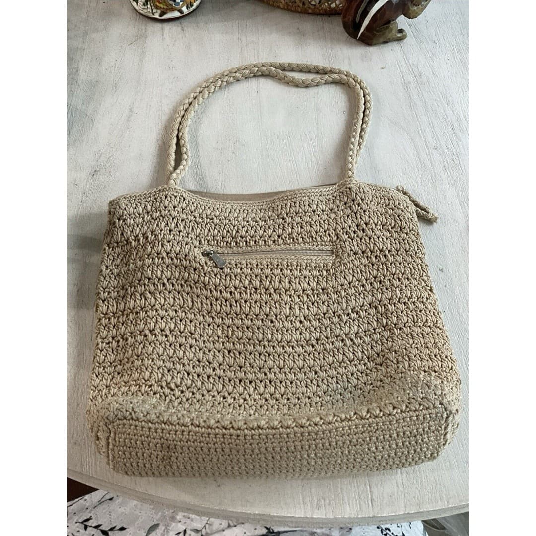 The Sak Beige Crochet Shoulder Bag/ Tote Purse Zipper Closure - Thumbnail 2