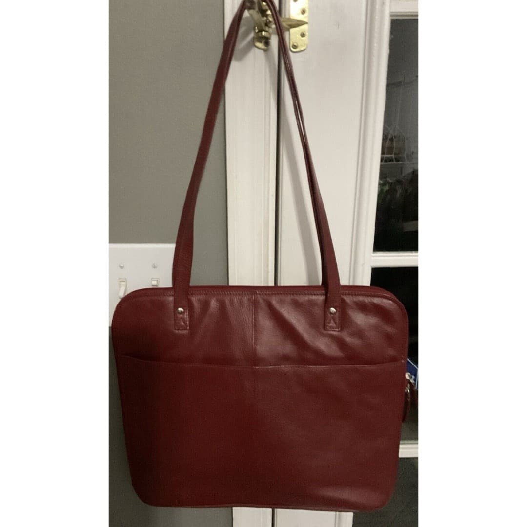 LATICO Dark Burgundy Soft Red Leather Square Tote / Bag Handbag 12" inch Straps