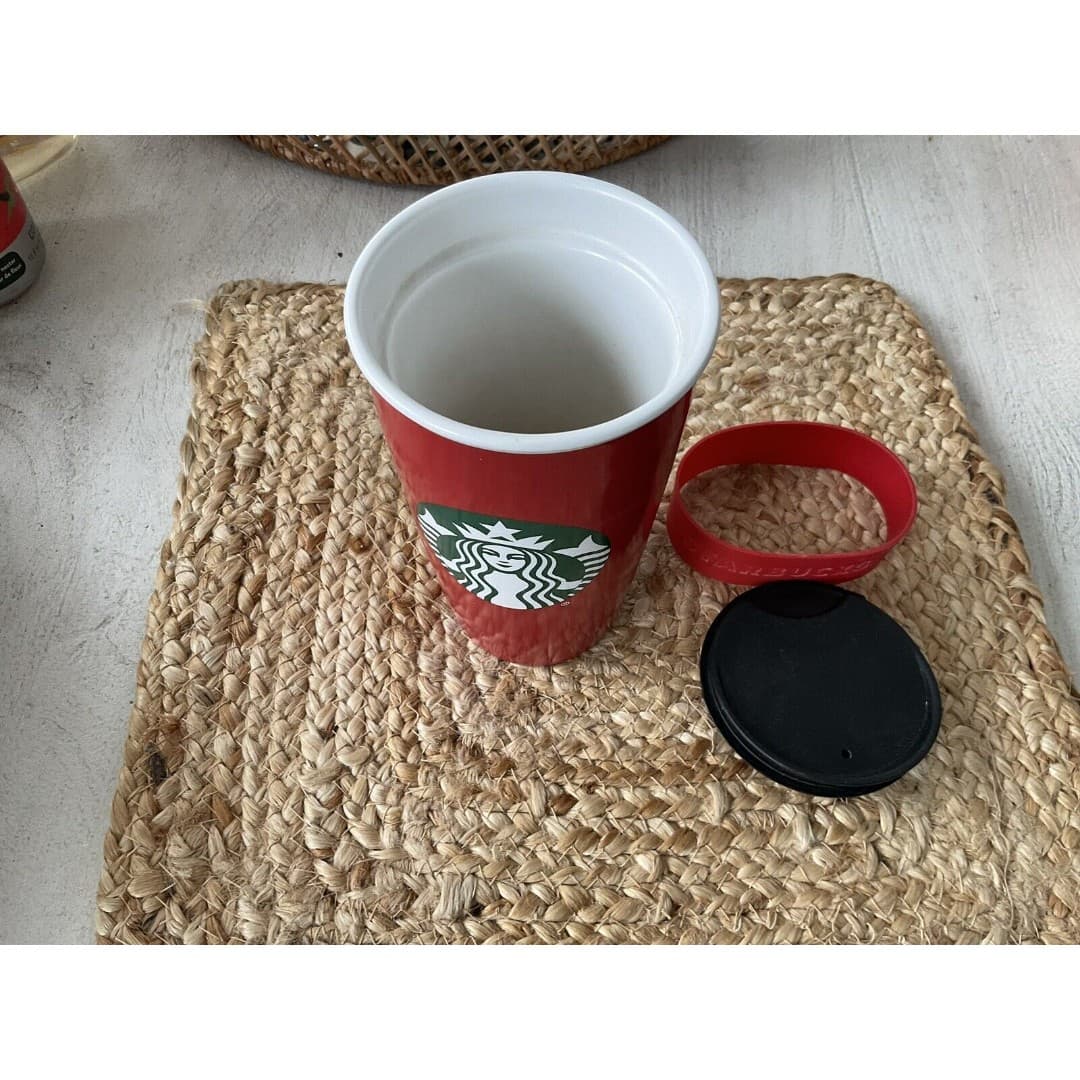 Starbucks Red Ceramic Travel Mug Tumbler Coffee Cup 2016 Christmas Red Green - Thumbnail 4