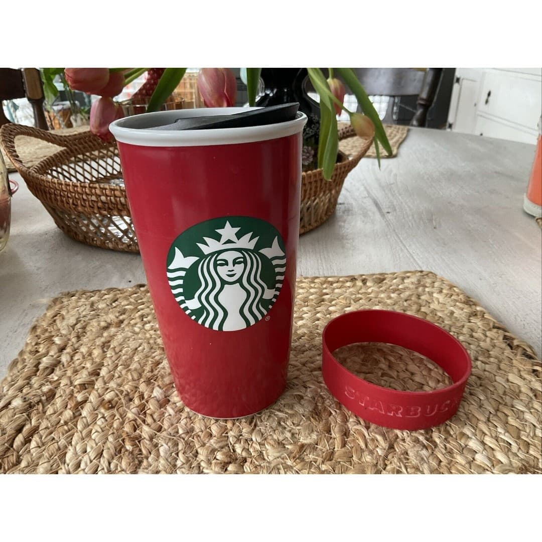 Starbucks Red Ceramic Travel Mug Tumbler Coffee Cup 2016 Christmas Red Green