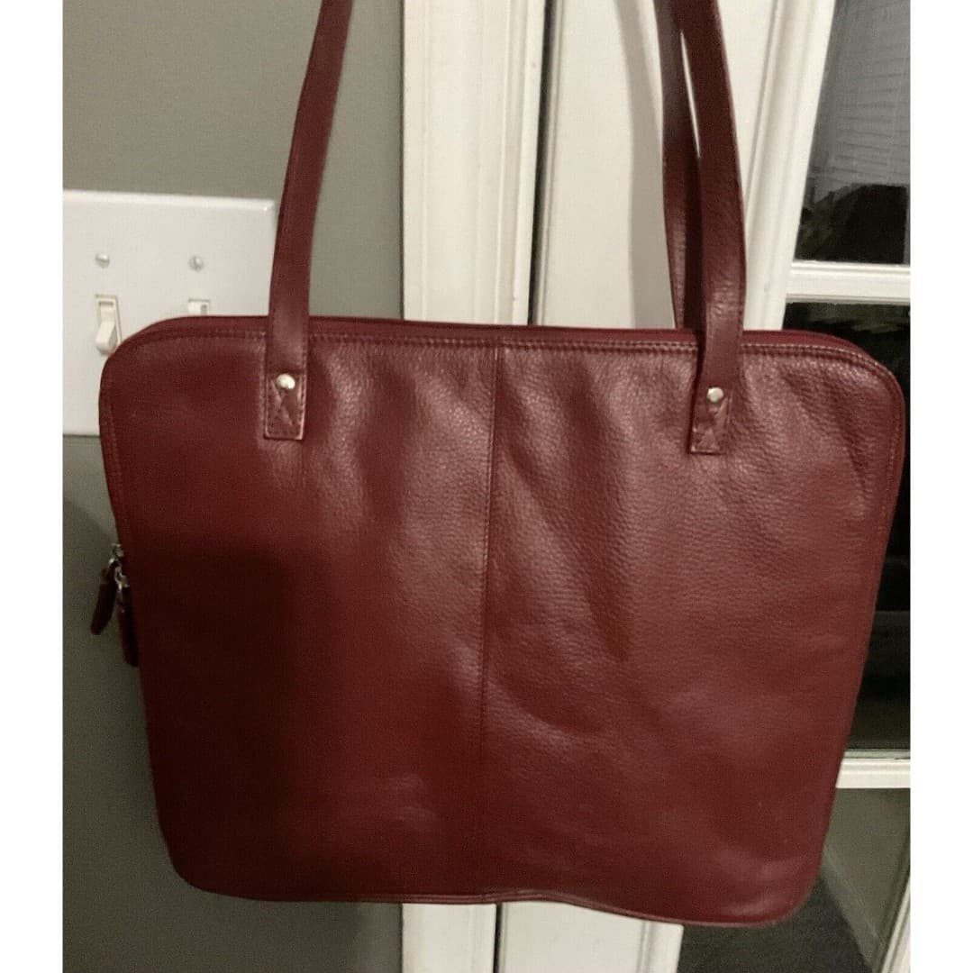 LATICO Dark Burgundy Soft Red Leather Square Tote / Bag Handbag 12" inch Straps - Thumbnail 2