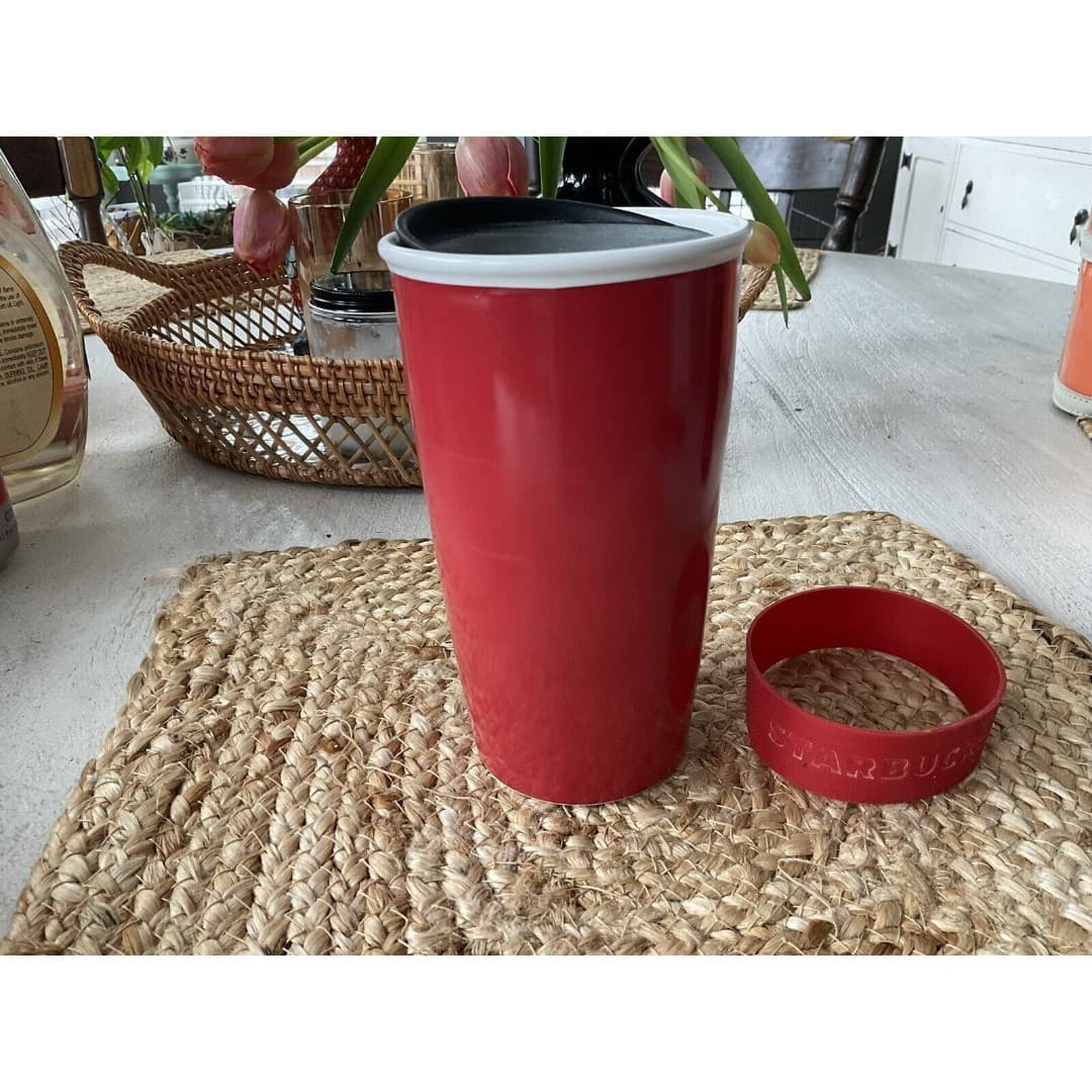 Starbucks Red Ceramic Travel Mug Tumbler Coffee Cup 2016 Christmas Red Green - Thumbnail 3