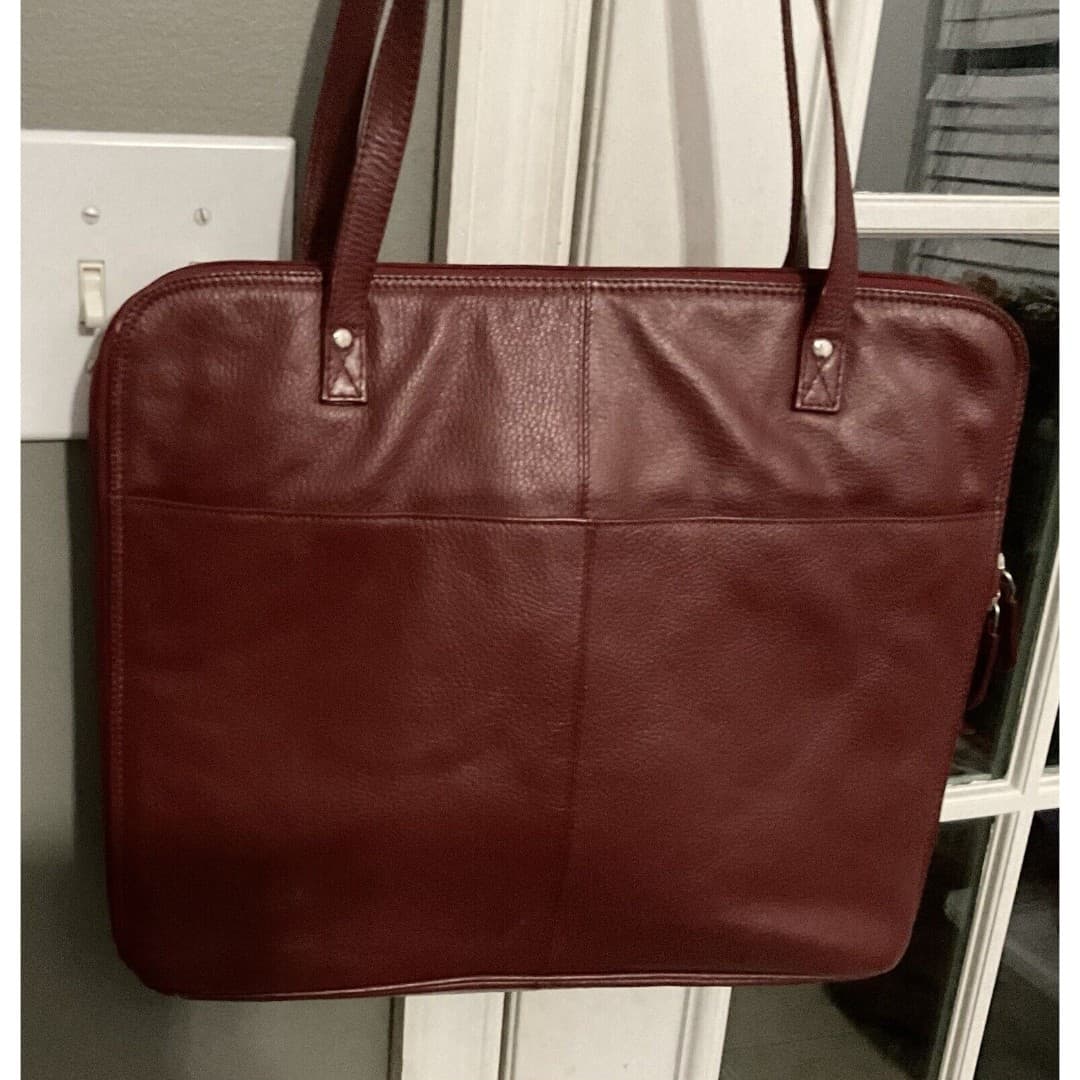 LATICO Dark Burgundy Soft Red Leather Square Tote / Bag Handbag 12" inch Straps - Thumbnail 3