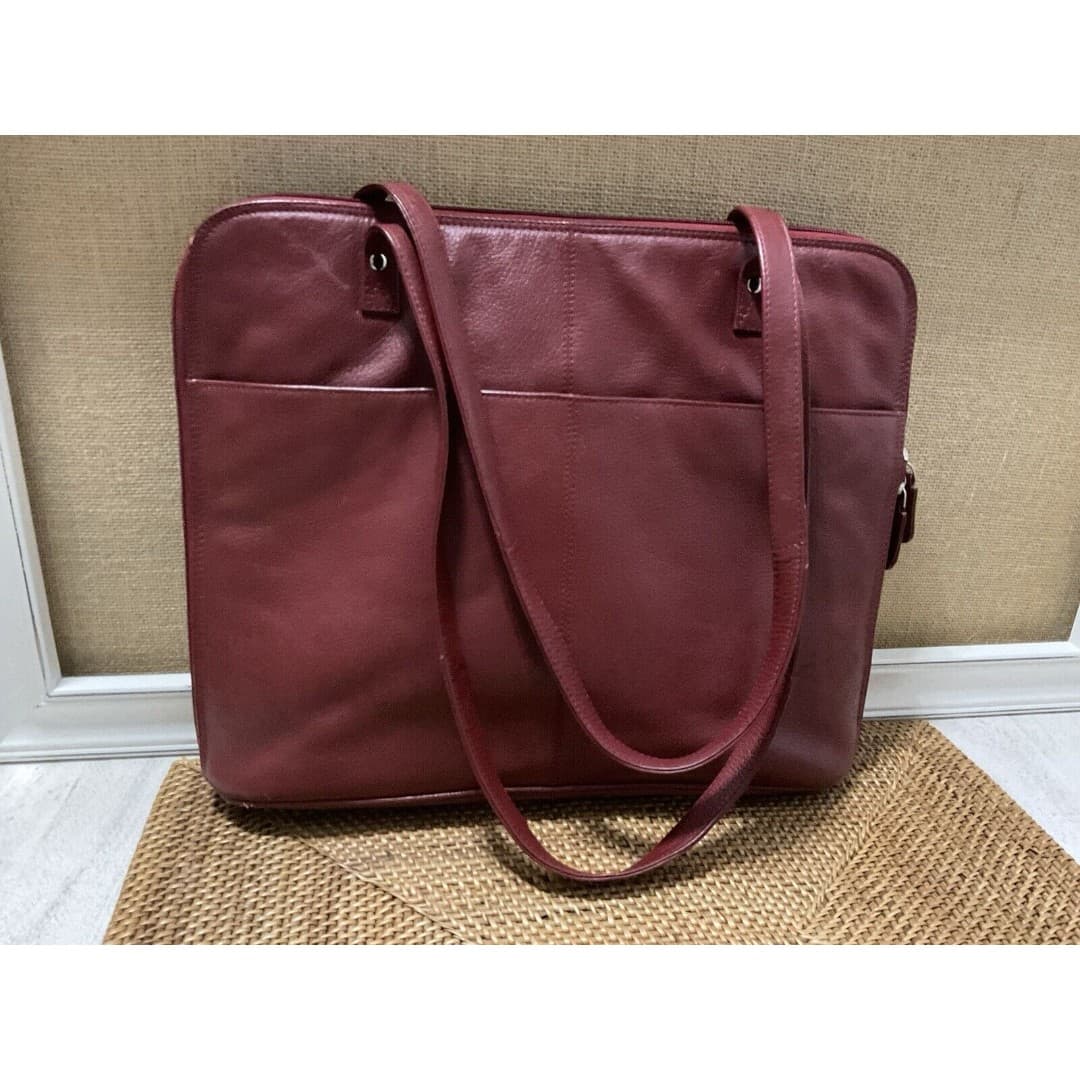 LATICO Dark Burgundy Soft Red Leather Square Tote / Bag Handbag 12" inch Straps - Thumbnail 4