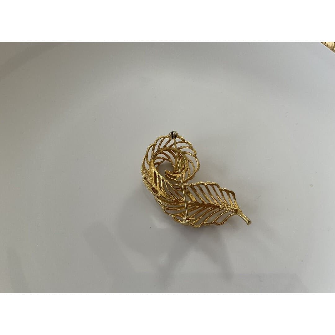 VINTAGE LISNER FEATHER BROOCH 1960's Gold Tone Leaf Retro Pin 3" - Thumbnail 3
