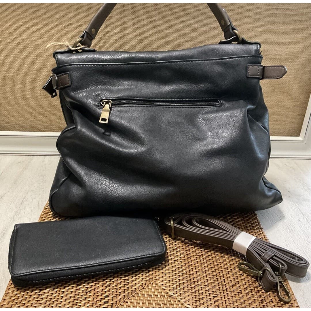 Chillx By Le Miel Black Faux Leather Satchel Handbag W/strap NWT - Thumbnail 2