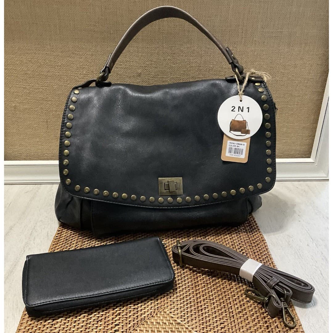 Chillx By Le Miel Black Faux Leather Satchel Handbag W/strap NWT