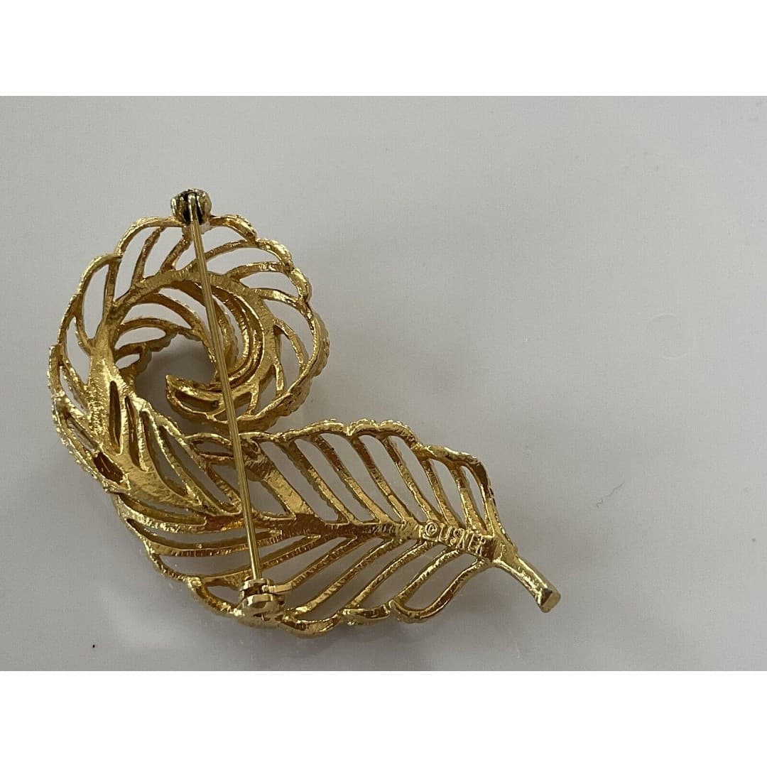 VINTAGE LISNER FEATHER BROOCH 1960's Gold Tone Leaf Retro Pin 3" - Thumbnail 2