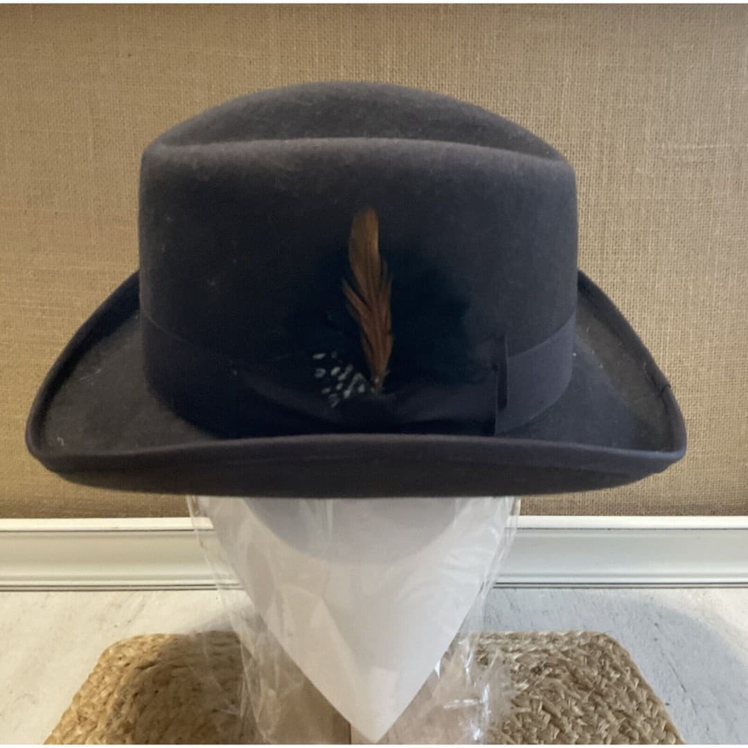 Men's Milani Wool Fedora Black Hat W/ Band & Feather Sz L