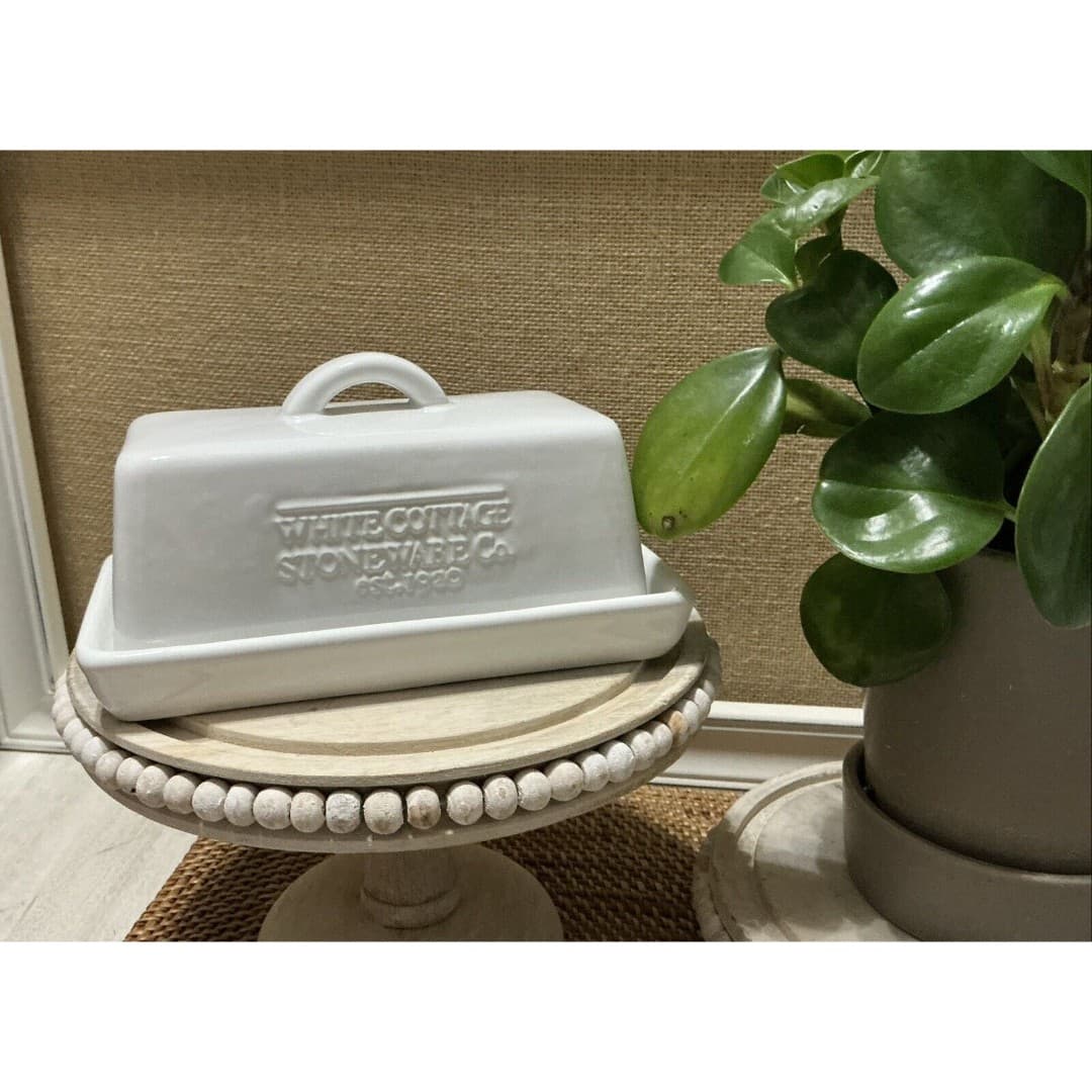 Audrey’s White Cottage Stoneware Co. Covered Butter Dish with Handle