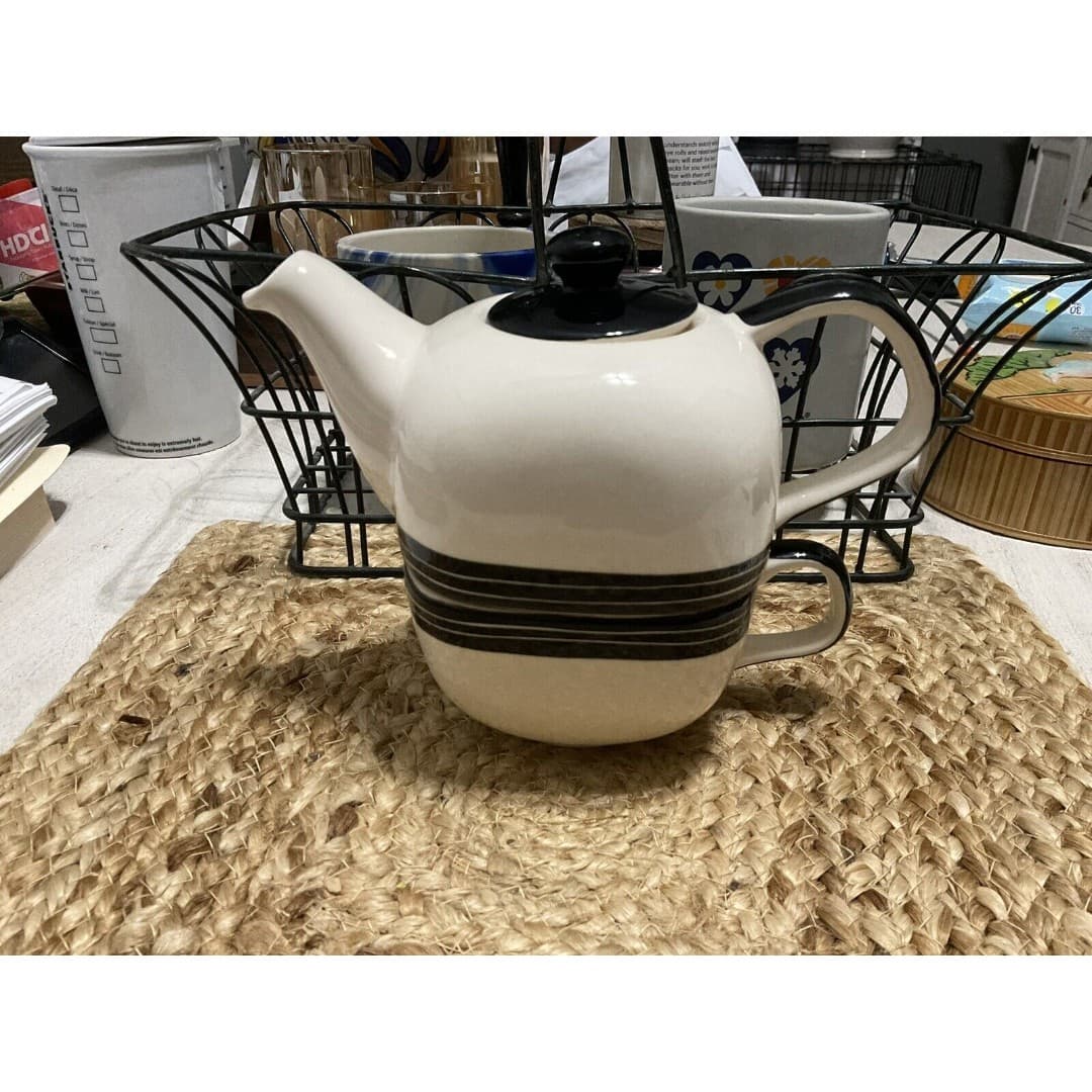 Teapot Hand Painted Black & White Pre-Owned Herman Dodge and Son 3 Piece