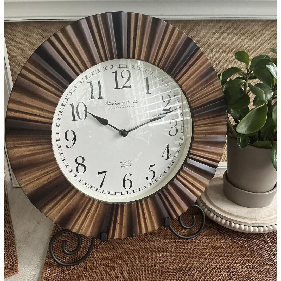 Indoor 15.5" Brown MCM Traditional Arabic Ripple Frame Analog Wall Clock - Thumbnail 2