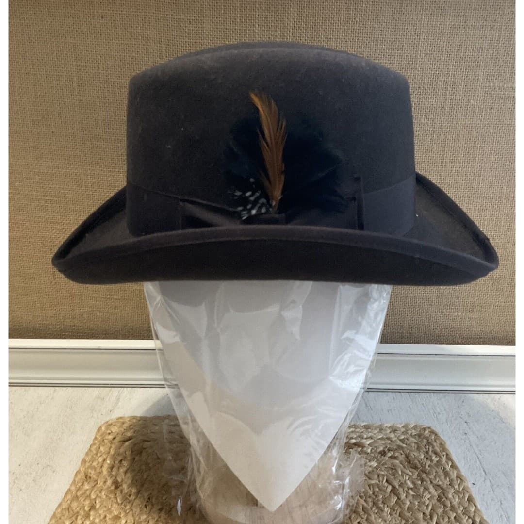 Men's Milani Wool Fedora Black Hat W/ Band & Feather Sz L - Thumbnail 4