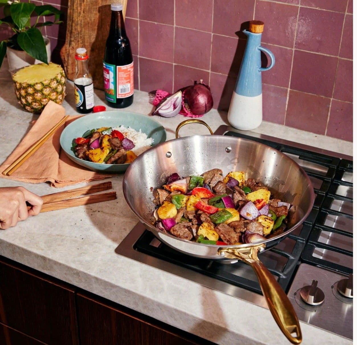 Chrissy Teigen Cravings Stainless Steel 13” Pepper Wok W/ Gold Handles - Thumbnail 2