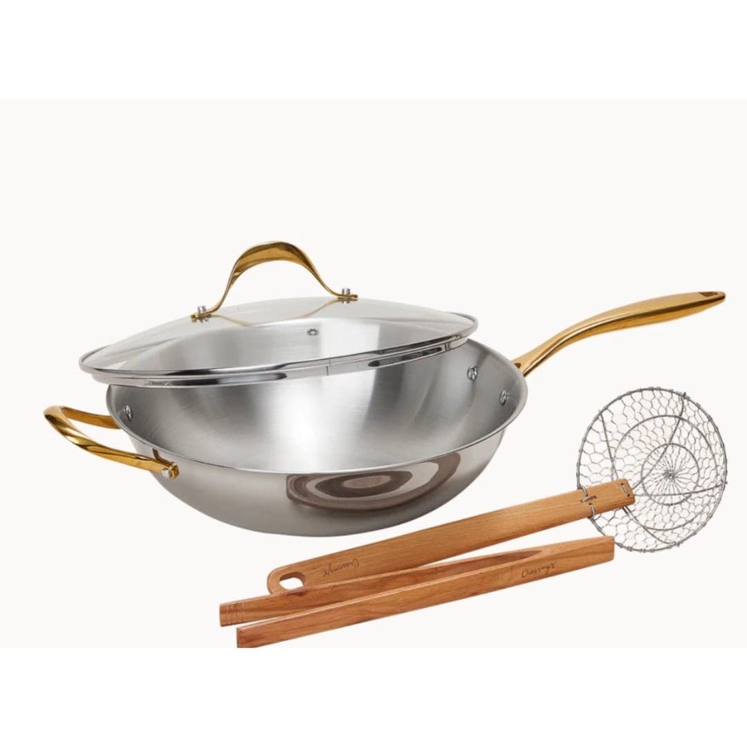 Chrissy Teigen Cravings Stainless Steel 13” Pepper Wok W/ Gold Handles - Thumbnail 3