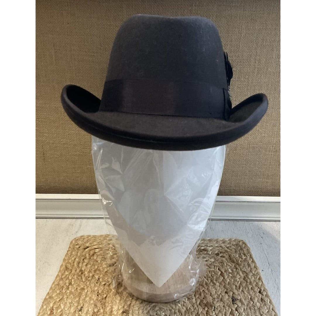 Men's Milani Wool Fedora Black Hat W/ Band & Feather Sz L - Thumbnail 3