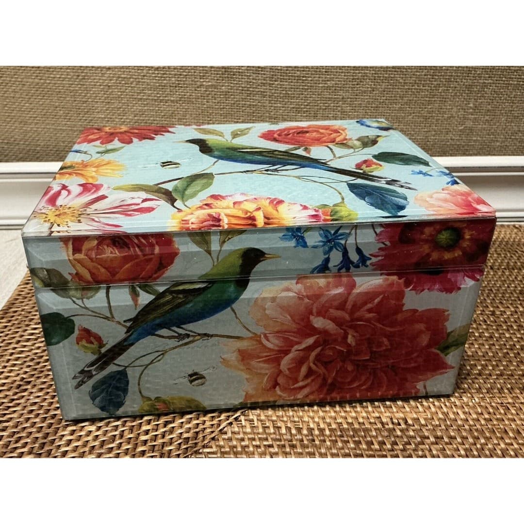 Vtg Beautiful Glass BIrd Floral Square Trinket Jewelry Box Beveled Edges