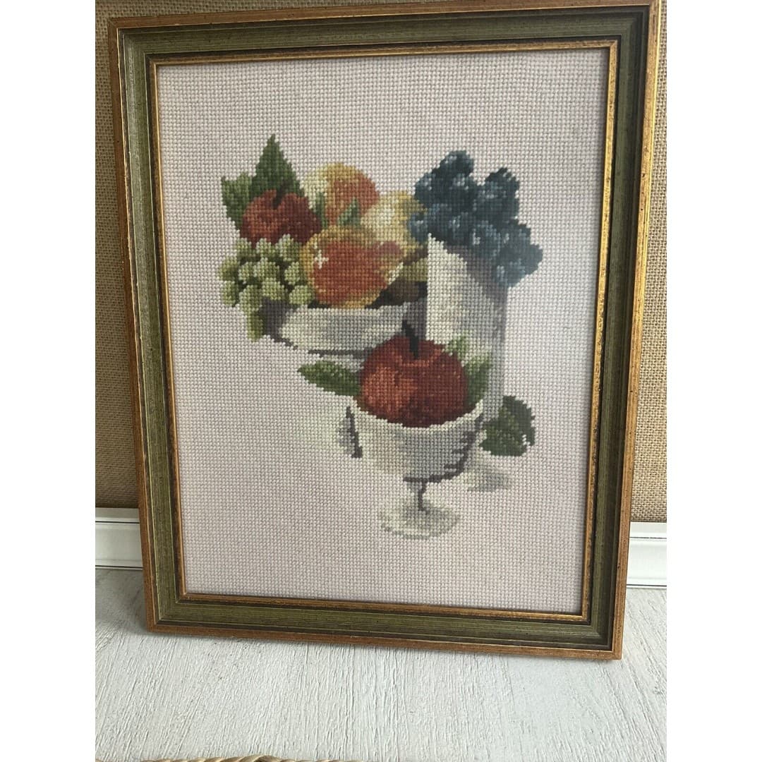Vintage Cross Stitched Framed Fruit In Bowls 13 X 15