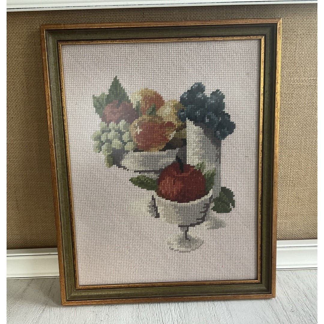 Vintage Cross Stitched Framed Fruit In Bowls 13 X 15 - Thumbnail 2