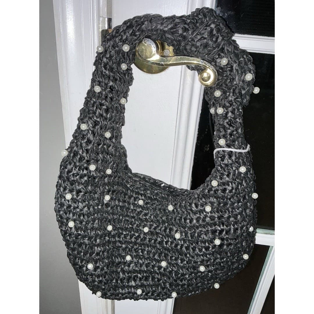 NWT Haute Hippie Beaded Hobo Bag Black with Pearl Accents Women's Handbag - Thumbnail 8