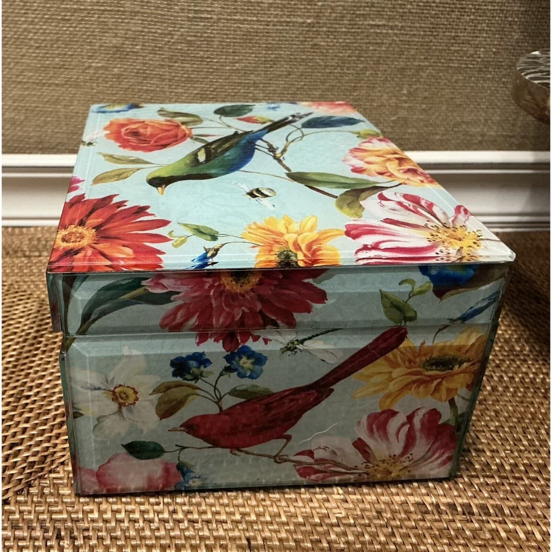 Vtg Beautiful Glass BIrd Floral Square Trinket Jewelry Box Beveled Edges - Thumbnail 6