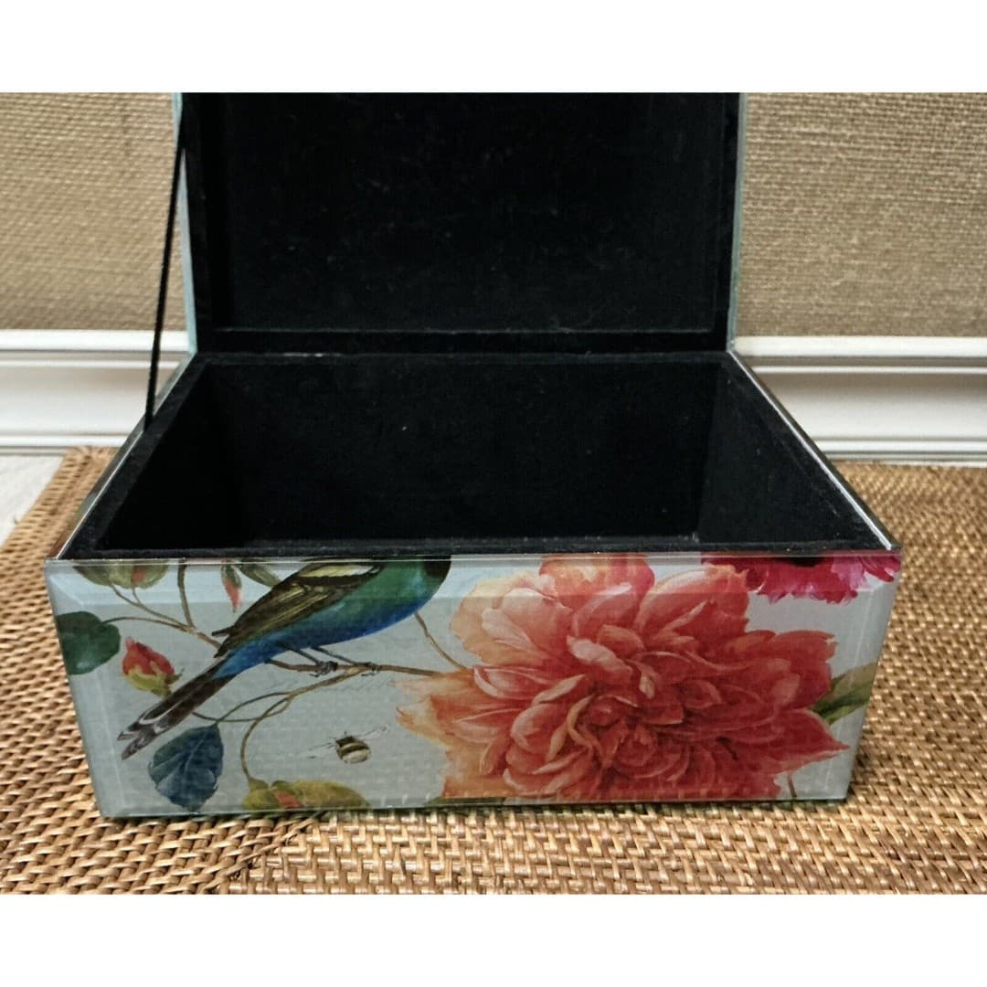 Vtg Beautiful Glass BIrd Floral Square Trinket Jewelry Box Beveled Edges - Thumbnail 3