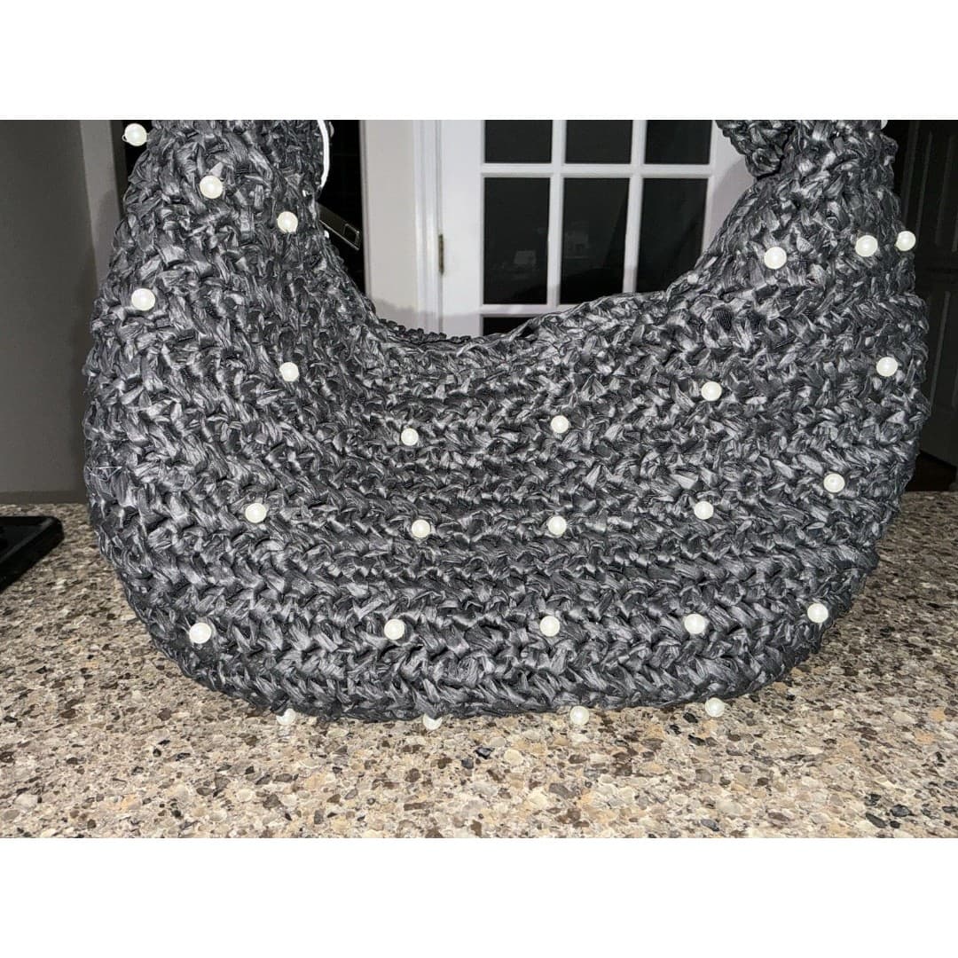 NWT Haute Hippie Beaded Hobo Bag Black with Pearl Accents Women's Handbag - Thumbnail 6