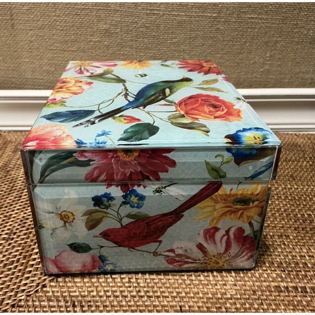 Vtg Beautiful Glass BIrd Floral Square Trinket Jewelry Box Beveled Edges - Thumbnail 4