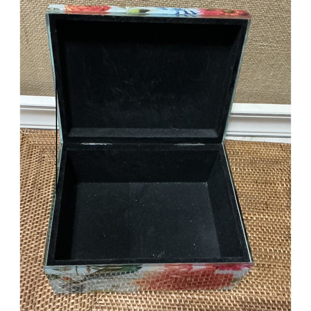 Vtg Beautiful Glass BIrd Floral Square Trinket Jewelry Box Beveled Edges - Thumbnail 2